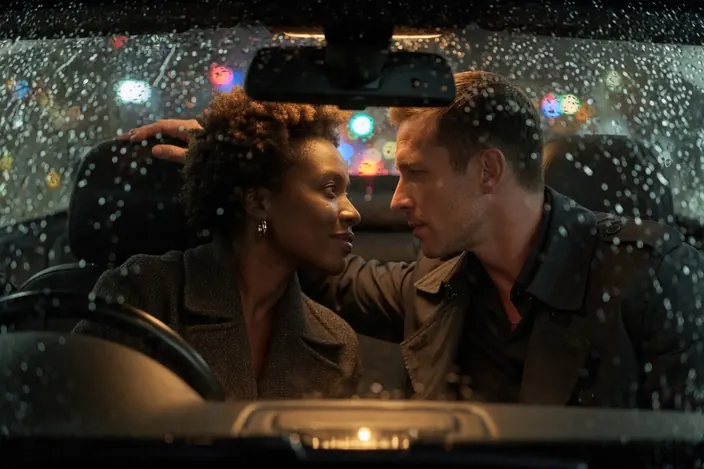 Rain on a car windscreen at night, city lights behind: they look at each other in the front seats, his hand behind her head.