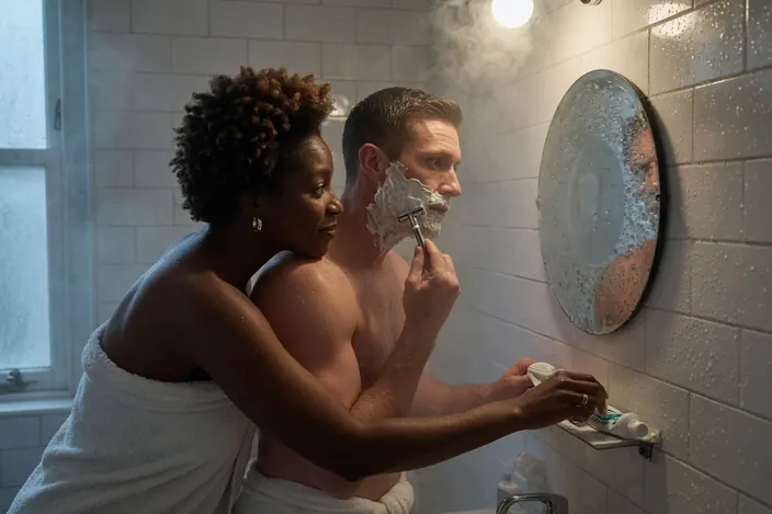 Steamed bathroom, both in towels: he shaving, she reaching for toothpaste, round fogged mirror.