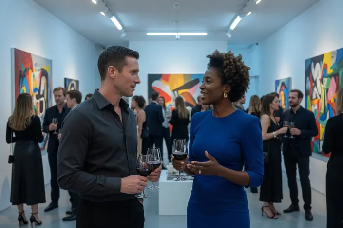 A white gallery opening: she in a cobalt dress, he in an open dark shirt, both holding red wine, talking among the paintings.
