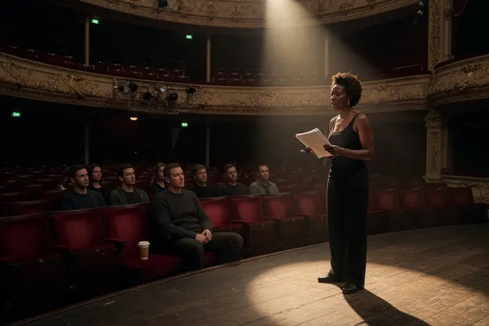 A Victorian theatre at rehearsal: she on stage with a script in black, he watching from the stalls.