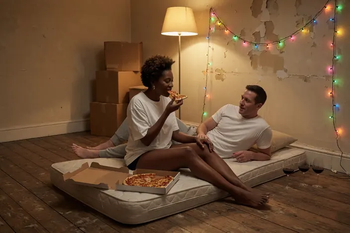 A mattress on bare floorboards, pizza box and fairy lights: she in his t-shirt eating pizza, he lying beside her.