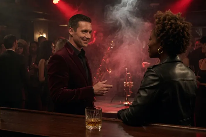 A jazz club: he in a burgundy velvet jacket talking to her at the bar, whisky glass, trumpet on a smoky red-lit stage.