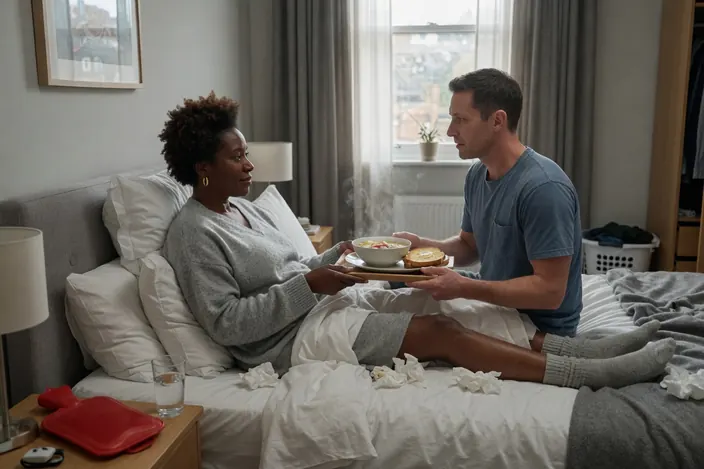 Grey morning in bed, tissues and a hot-water bottle: he bringing her a tray of soup and toast.