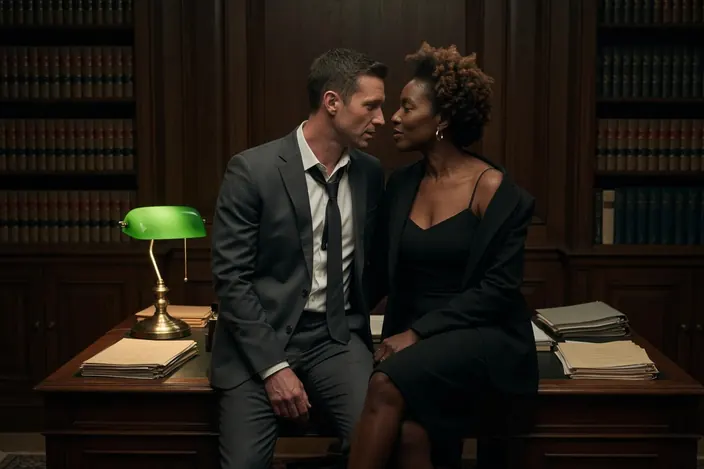 They sit on a lawyer's mahogany desk after hours, green banker's lamp, law books, her in a black dress, him in a loosened grey suit.