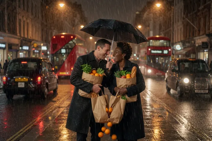 The same couple under one umbrella on a wet London street at night, laughing as oranges fall from grocery bags, red buses behind them.