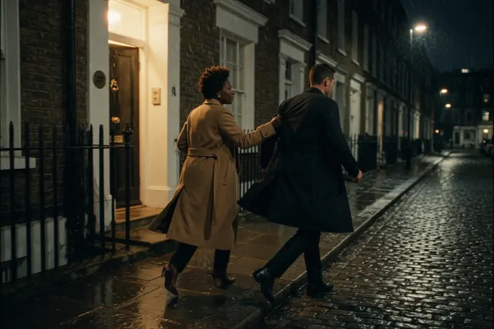 Night rain on a cobbled terrace: she in a camel coat catching his sleeve as he walks away.