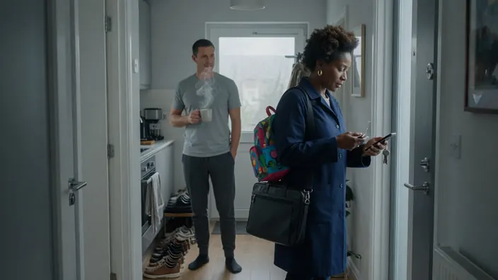 Weekday morning in a London hallway: she in a work coat with a laptop bag and a child's backpack, keys in her hand; he in a t-shirt with coffee, still in the doorway.