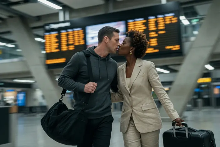 An airport hall under departure boards: a goodbye kiss, he with a duffel in a hoodie, she in a linen suit with a suitcase.