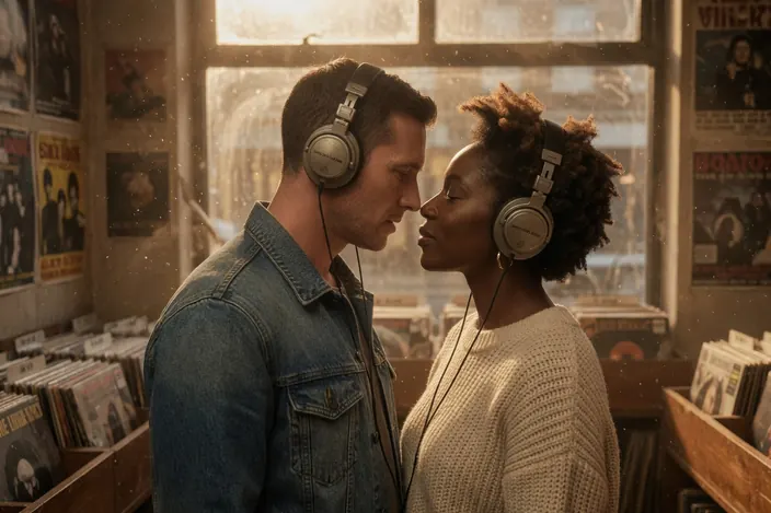 A dusty record shop in window light, both wearing headphones, almost touching noses between the bins.