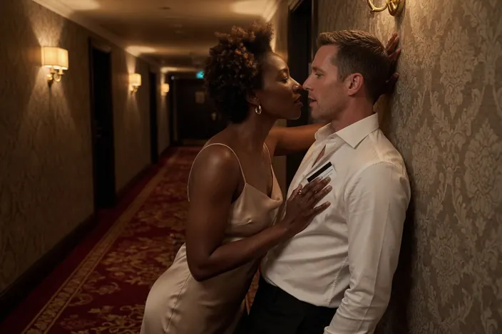 A hotel corridor at night: she in a champagne slip, a keycard against his white shirt, him against the wallpaper.