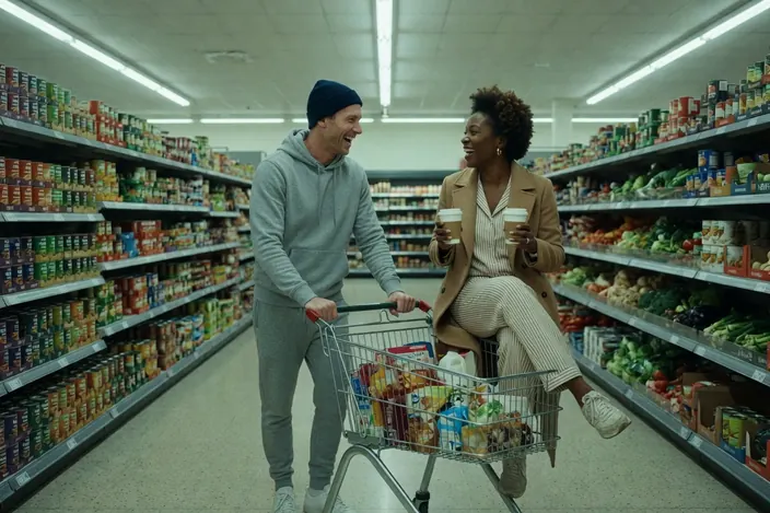 An empty supermarket under fluorescent light: he in a beanie pushing a trolley she is sitting in, both laughing, two coffees.