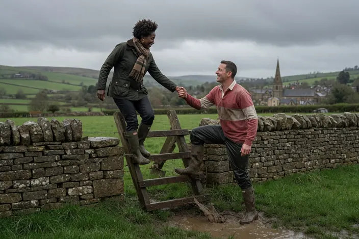 A muddy English stile after rain: she in a waxed jacket already over, he in a rugby shirt slipping in the mud, both grinning.